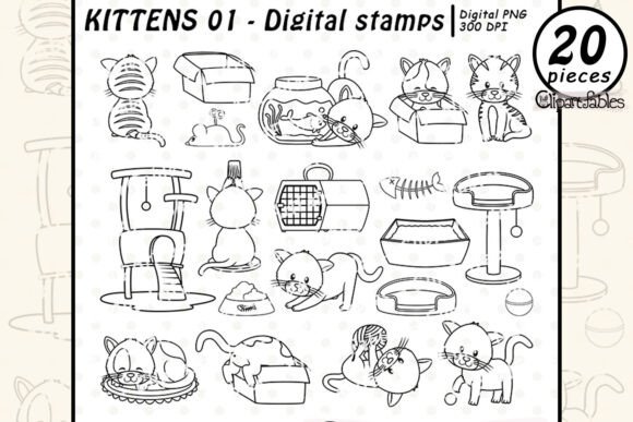 Download KITTENS Digital Stamps, Cute Cat Outline - Digital stamps Collection